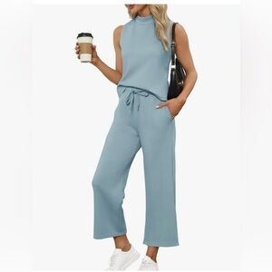 SAMPEEL Two Piece Set Summer/Lounge Set Mock Neck Wide Leg Crop Pants Sz L